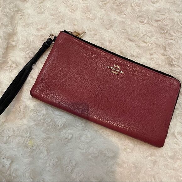 Coach Color Block Rouge Creme Pebbled Leather Large Double Zip Wristlet Clutch - Picture 7 of 16